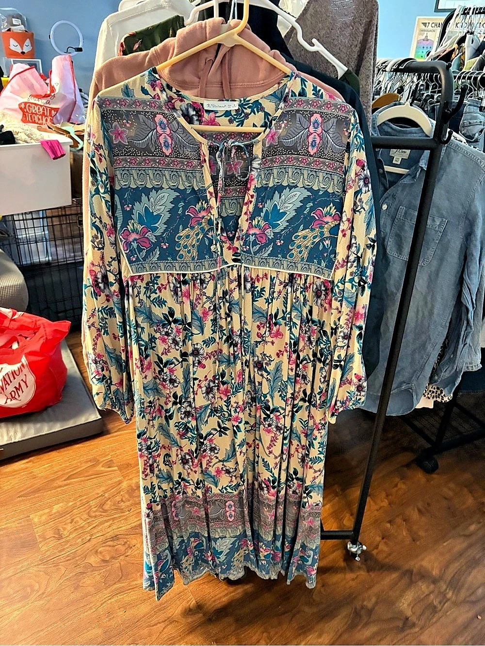 R.Vivimos Boho Floral Paisley Long Sleeve Midi Dress Size M Medium 8/10 Blue No